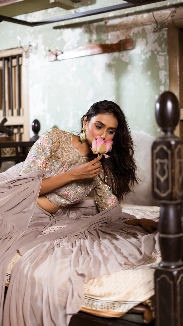 GREY RUFFLE LEHENGA SET