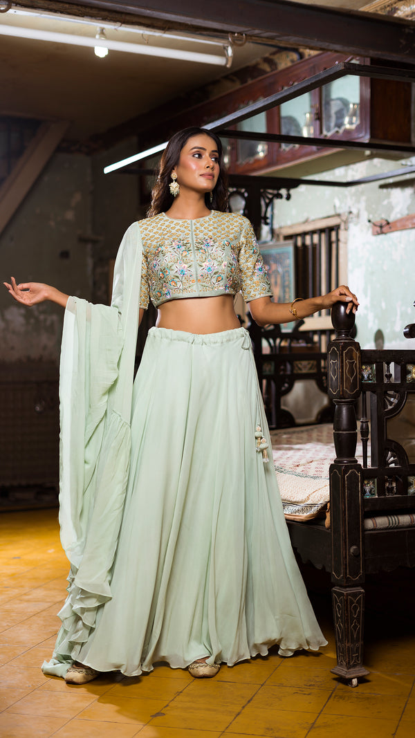 SEA GREEN RUFFLE LEHENGA SET