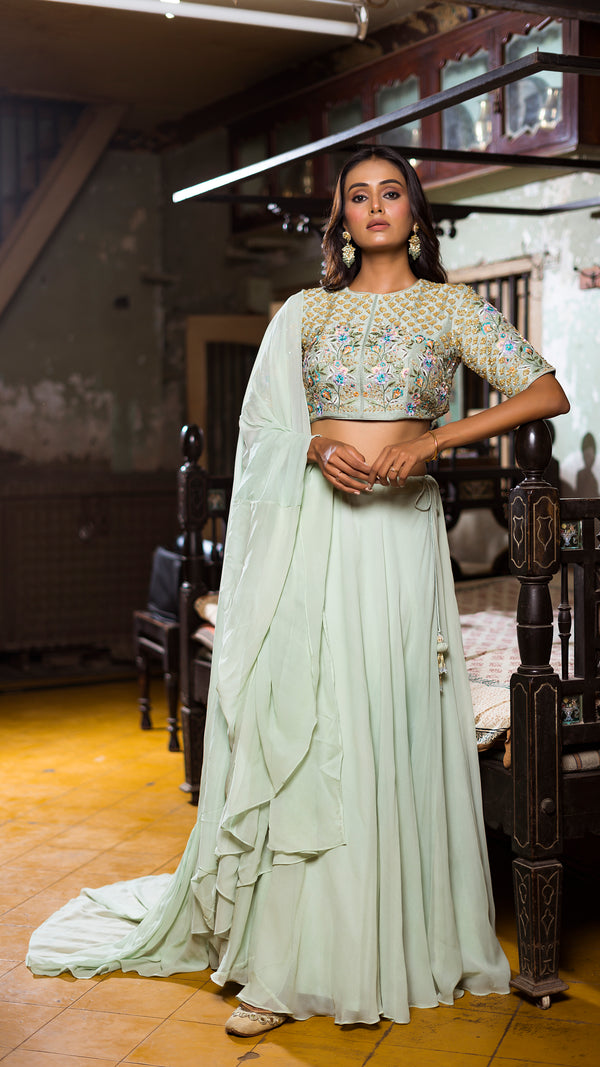 SEA GREEN RUFFLE LEHENGA SET