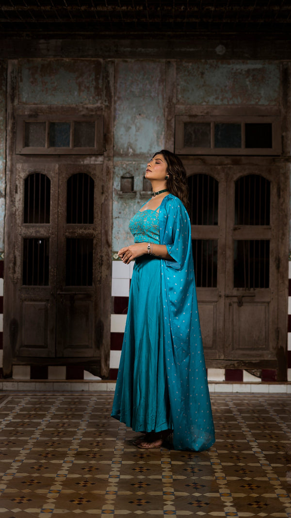 Blue Organza Cape set