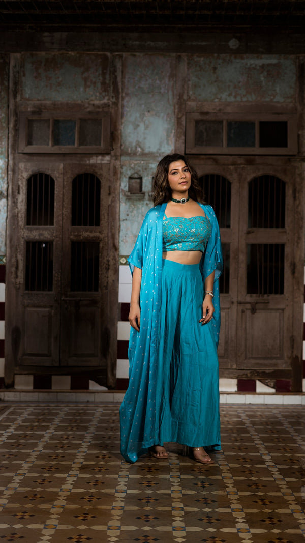 Blue Organza Cape Set