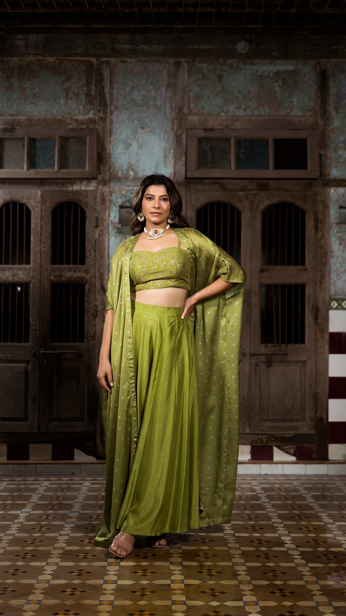 Bright Green Organza Cape set